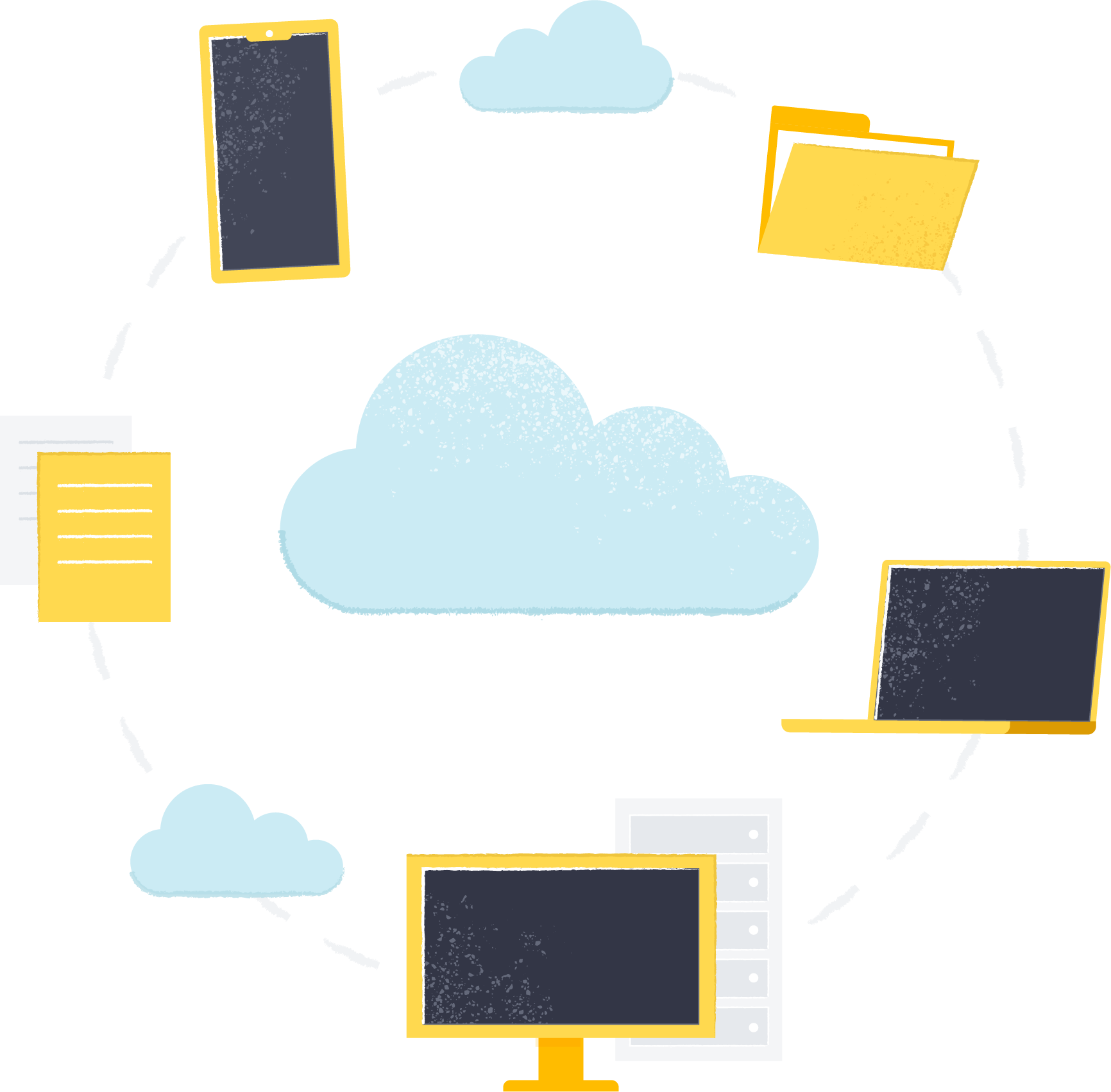 Computers and phones floating around a cloud