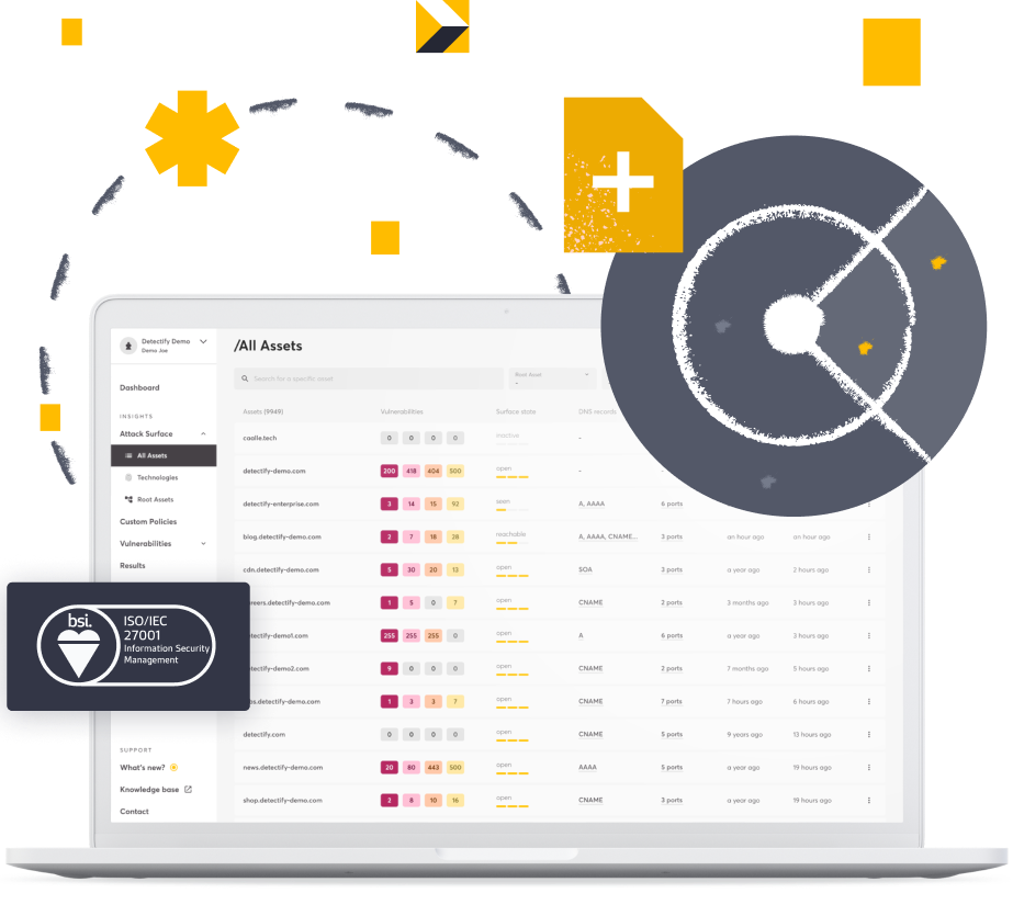 An illustration of the Detectify tool with the ISO 27001 certification badge